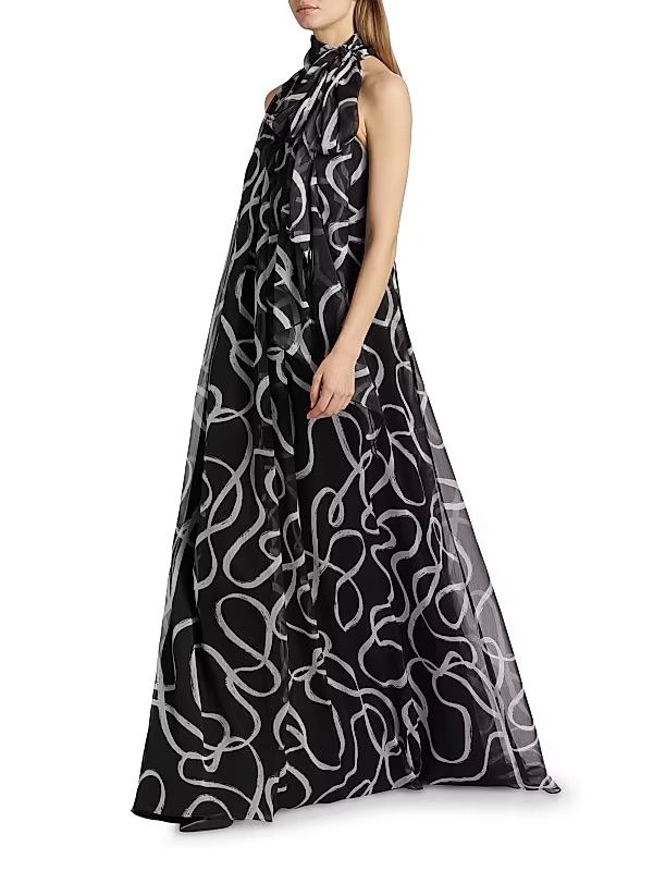 Halston Lyle Black And White Abstract Halter Maxi Dress
